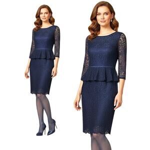 Adrianna Papell Size 2 Navy Blue Lace Peplum Sheath Cocktail Dress 3/4 Sleeves